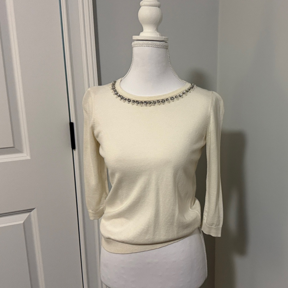 Ann Taylor Cream Sweater with Embellished Neckline